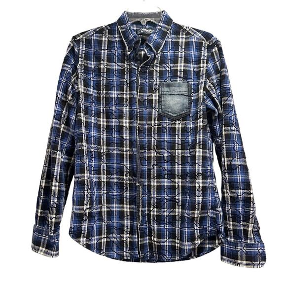 Desigual Blue Plaid Embroidered Funky Print Shirt Button Long Sleeve Mens MEDIUM - Picture 1 of 13